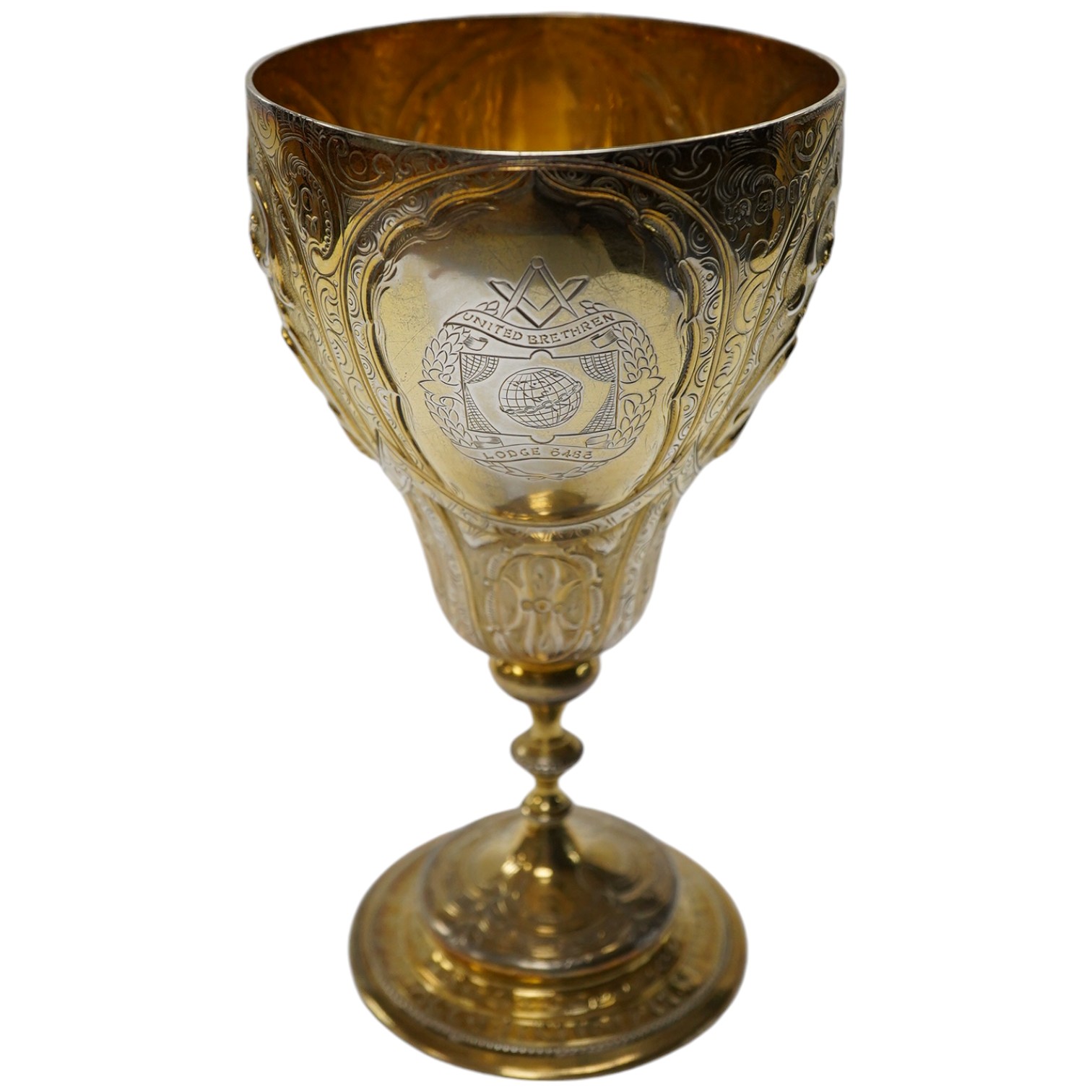 A Victorian embossed silver gilt goblet, Thomas Smily, London, 1866, 17.1cm, 6.7oz. Condition - poor to fair